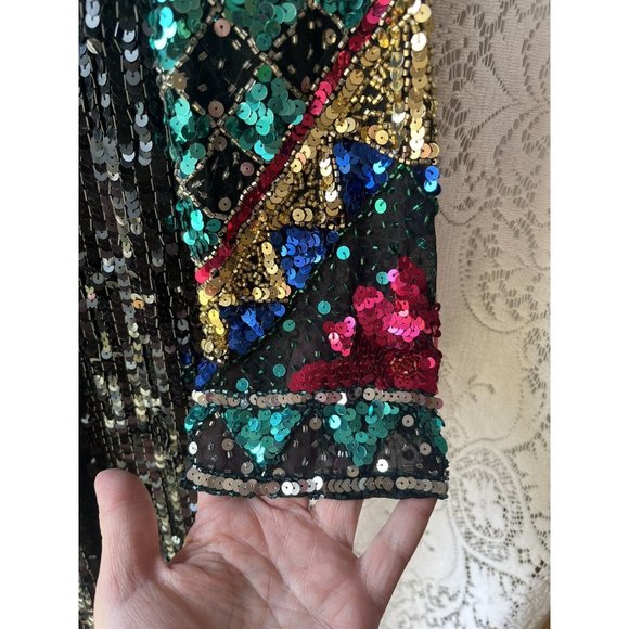 Oleg Cassini Black Tie Black Vintage 100% Silk Beaded Sequined 80s 90s Dress 10 - Picture 7 of 11